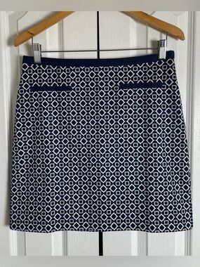 Talbots Geometric Print Skirt Women’s 6 Petite Navy Blue White A-Line Career